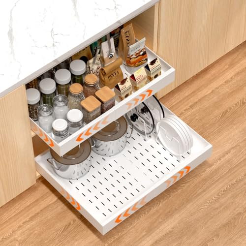 BORISI Cajones Extraibles Para Cocina, Cajón Telescópico, Bandeja Extraible Armario Cocina, Organizador Armario de Ancho Ajustable, 43-68 x 42 x 7,5 cm, Acero al Carbono, Adhesivo 3M, 1 Pieza, Blanco