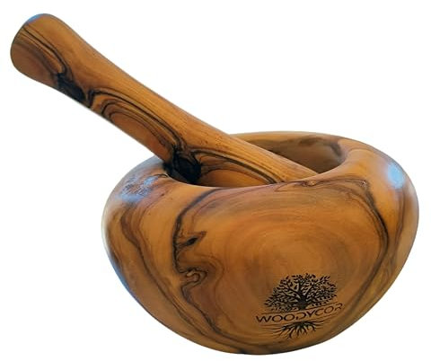 WOODYCOR Grand Mortier et Pilon 14cm - Ensemble solide de pilon et mortier cuisine en Bois d'Olivier pour un broyage parfait Poivre, Épices, Herbes - Cuisine artisanale