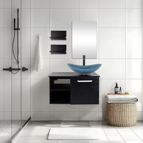 YU YUSING Ensemble de Meubles de Salle de Bain avec Lavabo Ovale et Miroir, Meuble de Salle de Bain avec Armoire de Rangement, 2 Étagères Murales, Vasque à Poser, Ensemble de Robinets (Bleu Foncé)