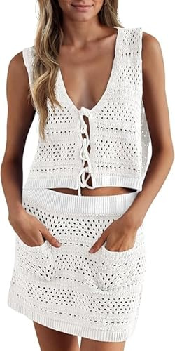 Saodimallsu Maillot de bain 2 pièces pour femme, maillot de bain au crochet, sans manches, jupe tricotée au crochet, maillot de bain de plage