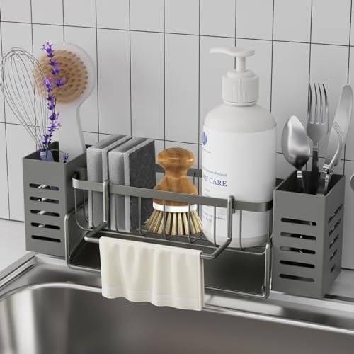 Bellovero Spülbecken Organizer, Edelstahl Küchen Organizer mit Selbstentleerender Ablaufwanne, mit Handtuchhalter und Aufbewahrungsbox für Spülbürsten, Organizer für Küche und Badezimmer(Verbessert)