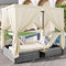 DRIXNO Gartenliege Doppelbett mit Schattenvorhang, Rattanliege, Outdoor-Möbel für Lounge, Balkon und Garten, Wetterfest, Klappbar, mit Kissen & Klapptisch, Weiß