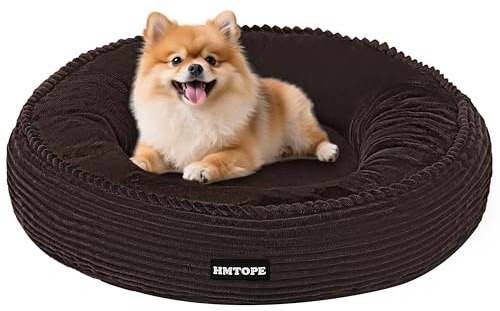 HMTOPE Hundebett Kleine Hunde, Rund Katzenbett Waschbar, Ø60cm, Braun | Kuscheliges Hundekissen, Cord Hundekorb, Donut Hundesofa zur Bekämpfung von Angstzuständen, Abnehmbar Bezug & Rutschfest