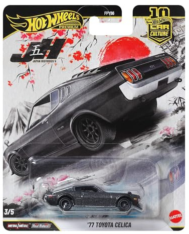 Hot Wheels Premium Car Culture 1977 Toyota Celica | 1:64 Scale Die-Cast Toy Car from Japan Historics Collection with Real Riders Tires & Metal/Metal Body & Chassis, JKD98