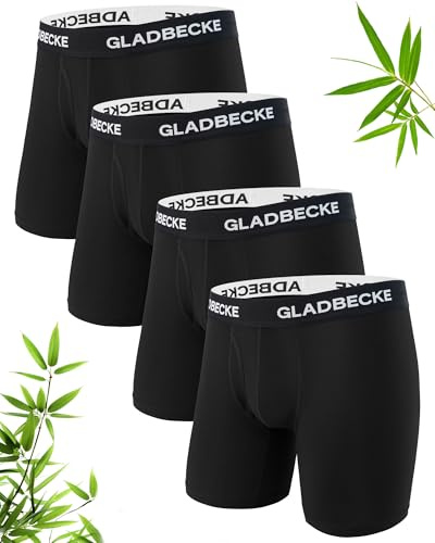 Gladbecke Boxer Long Homme en Bambou, Caleçon Respirant et Ultra Doux avec Braguette, Coupe Confortable et Extensible, Lot de 4
