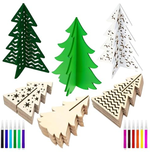 Arbres de Noël - Arbres de Noël en bois de 10,9 cm - Arbres de Noël en bois - Peinture 3D DIY avec marqueurs colorés - Kit de stress de Noël - Pour et adultes - A