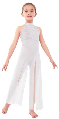 Oyolan Bambina Tuta Danza Balletto Lirico Tuta Danza Contemporanea Costume Paillette Unitard Ginnastica Abito da Balletto Bianco 13-14 anni