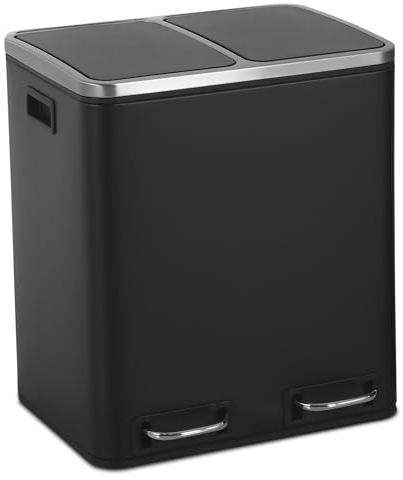 Raburg, Mülleimer, 2 x 15 L, rechteckiger Treteimer, Abfalleimer Küche, mit 2 Deckel und Pedalen, 2 x getrennte Inneneimer, hygienisch, langsam schließend, Charly, Schwarz satiniert