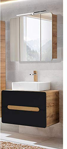 Lomadox Badmöbel Waschplatz Set, seidenmatt anthrazit mit Wotan Eiche Nb., 80 cm Waschtisch-Unterschrank mit Keramik-Waschbecken, LED-Spiegelschrank