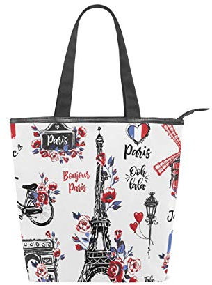 Rootti Handtasche mit französischem Wahrzeichen-Muster, Segeltuch, Schultertasche, Handtasche für Damen und Mädchen, wiederverwendbar, für Arbeit, Reisen, Einkaufen, Handtasche mit Griff