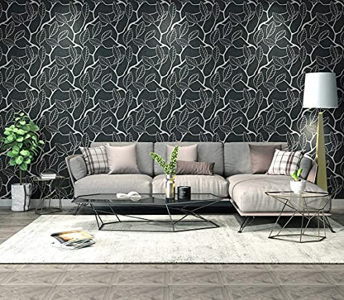 BUVU tapete 0.53x10m Vinyl Blumentapete, Floral Blätter Design Blumendekor, modernes Design, Loft Style, Abwaschbare, Schwarz