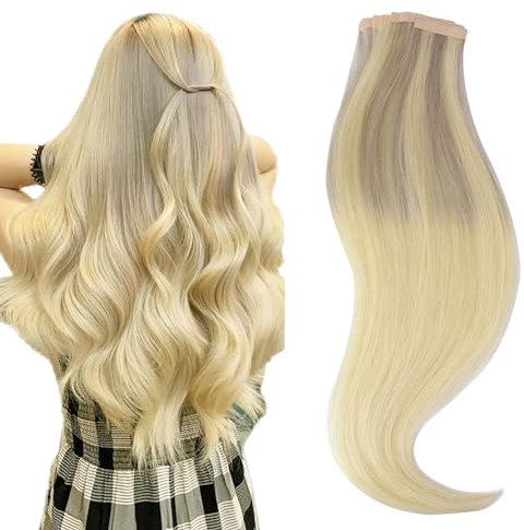 hotbanana Tape in Extensions Echthaar, 55cm Tape Extensions Echthaar 22 Zoll 20 Stück 50g Aschblond bis Goldblond und Platinblond Echthaar Extensions Tape Gerade Remy Echthaar Tape Extensions
