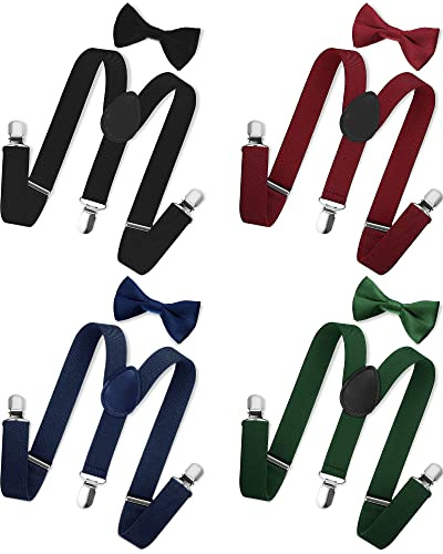 SATINIOR 4 Set Kids Suspenders and Bow Tie Set Y Shape for Boys Girls Child Elastic Adjustable Suspenders Sets for Wedding(Black, Wine Red, Navy Blue, Dark Green,S)