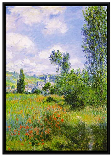 Pixxprint Claude Monet - Aussicht von Vétheuil- Impression Leinwandbild 80x60 cm im Bilderahmen, Wandbild, Schattenfugenrahmen, Kein Poster