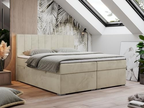 MKS MEBLE Boxspringbett 160x200 cm, Bett mit Multipocket Matratze H4 und Topper T25, Boxspringbett mit Bettkästen, Polsterbett mit Kopfteil - Lope - Beige Velvet