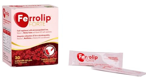 Ferrolip Forte Integratore Ferro e Acido Folico (30 Bustine Orosolubili al Limone) - Senza Fastidi Gastrointestinali - Privo di Sapore Metallico - Con Vitamina C e B12