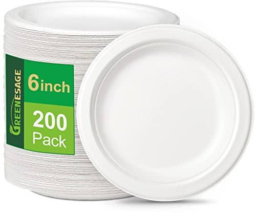GREENESAGE Rigid 6 inch 200 Pack Disposable Paper White Plates Sugarcane Small Strong Dishes for Picnic Wedding Party BBQ