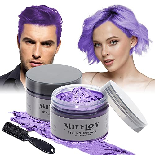 2 piezas de color de cabello temporal con 1 cepillo, hombres mujeres estilo tono de cabello cera, instantánea crema de cabello lodo natural pomada de peinado, cosplay Halloween (Morado)