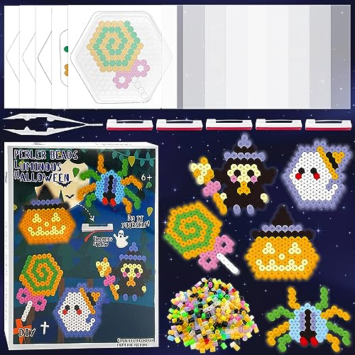 Lets Joy Bügelperlen Set Halloween, Bügelperlen Platten Set, Nachfüllset Bügelperlen Set, Halloween Spinne Kürbis Teufel Motivvorlagen mit Pinzette Bügelpapier, Halloween Party Mitgebsel Geschenk
