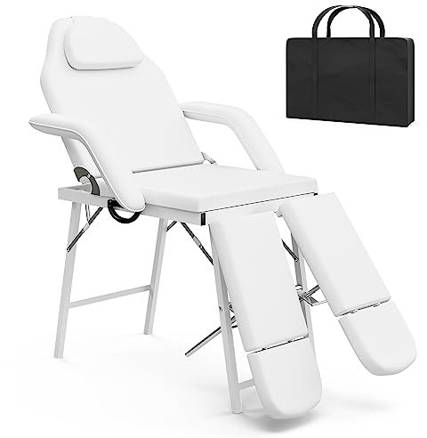 ONPNO Portable Beauty Bed, 3 Section Adjustable Split Legged Massage Bed, Folding Salon Tattoo Chair Facial Spa Lash Bed with Storage Bag,White