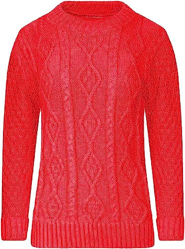 AJFASHION Women Jumpers New Ladies Long Sleeve Chunky Cable Knitted Jumper Crew Neck Winter Sweater Top UK Size 8-22 Red