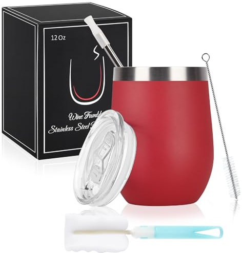 Joymaking Copa de vino de acero inoxidable, sin tallo con tapa, taza de viaje irrompible de doble pared para leche, café, vino, cerveza, champán, cócteles, color rojo