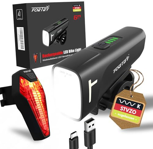 FORTRY Fahrradlicht Set 60,15LUX, StVZO Zertifizierte Fahrradbeleuchtung,USB Typ C Aufladung Fahrrad Lichter Led Set,IPX5 Wasserdichter Fahrradlicht Vorne+Rücklicht, Geeignet Zum Radfahren, Camping