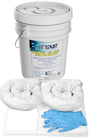 Stardust Spill Products D905P Oil Spill Kit OSHA Approved with Portable Bucket, (15) Oil Absorbent Pads, (2) 3x4' Absorbent Socks, (4) Disposal Bags & Nitrile Gloves Oil Spill Kit for Fast Response