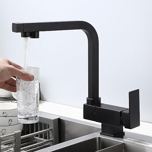 Grifo de cocina de 3 vías Grifo de 3 vías Grifos de fregadero negros Ideal para ventana Caño giratorio de 360 ° Grifo con filtro de 3 vías para fregadero de cocina, B