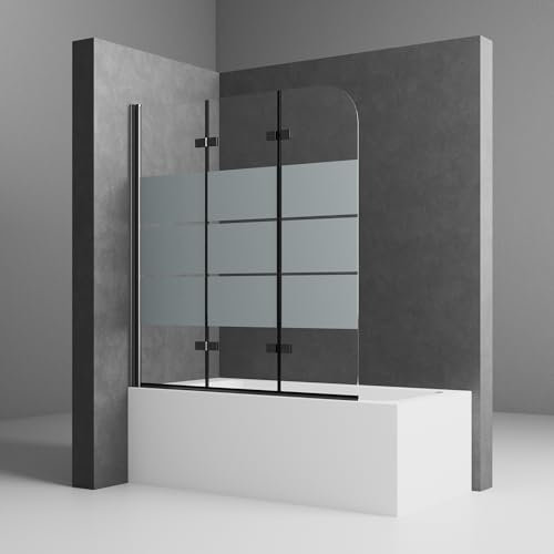 Duschwand für Badewanne Gestreift, 140x140cm Duschwand Badewannenaufsatz Duschwand Gestreift Schwarz 3-teilig Faltbar Duschabtrennung Badewanne mit 6mm NANO ESG-Glas