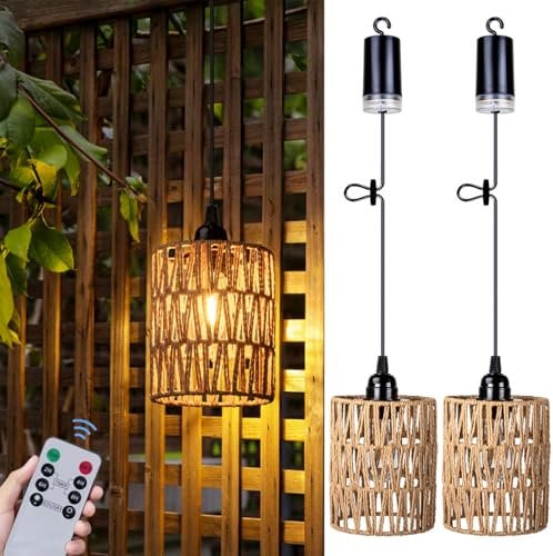 ALL FORTUNE Battery Operated Chandelier, Battery Hanging Pendant Light, Rattan Lights with Warm White Bulb, 4*AA Battery Powered, for Gazebo Pergola Porch Patio Outdoor Indoor Decor (2)