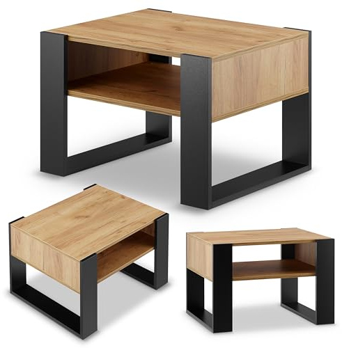 defiPad Table Basse Moderne en chêne – Design élégant et Robuste – 65 cm de Large – Table de Salon Stable avec Pieds massifs – Fabrication européenne (Noir + Chêne)