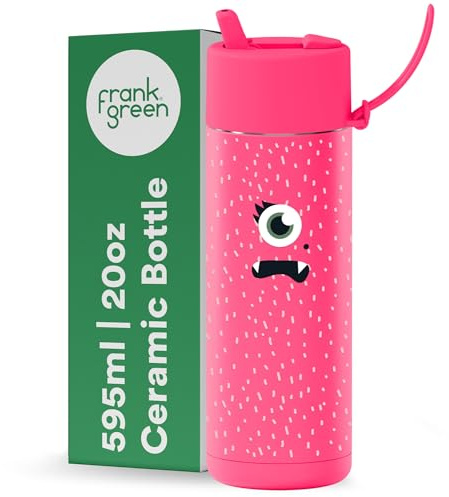 frank green Reusable Cup with Flip Straw Lid, Frankster Drinks Bottle for Kids, Spill and Leak-Resistant, Ceramic Lined - Piper, Neon Pink 20oz