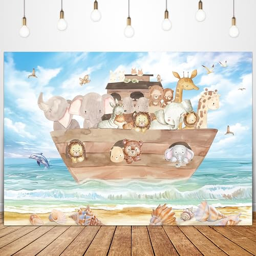 Glawry Arche Noah Hintergrund für Babyparty, 2,8 x 1,5 m, niedlicher Cartoon-Ozean, Strand, Wald, Safari, Tier, Holz, Ozean, Sommer, Neugeborene, Party-Dekorationen, Fotografie-Hintergrund,