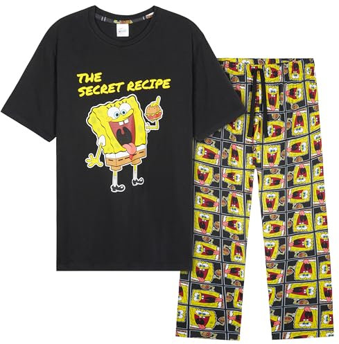 SPONGEBOB SQUAREPANTS Schlafanzug Herren lang, bequemes Pyjama Set, Geschenke für Männer, Teenager (Schwarz/Gelb, XL)