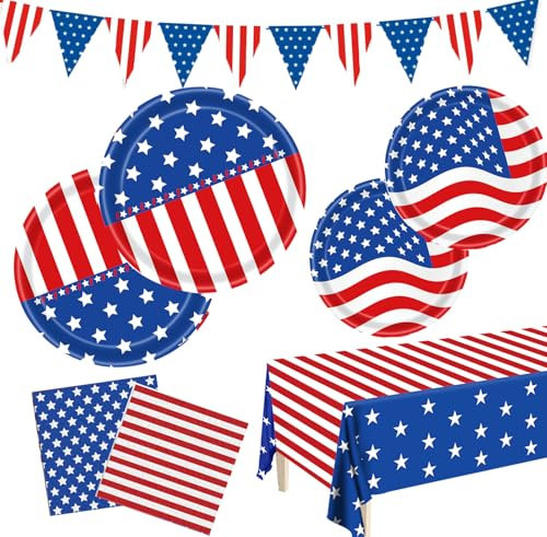Patriotic Party Supplies, American Flag Patriotic Party Sets, 4th of July Paper Plates and Napkins Tablecloth, Veterans Day, Red White Blue Party Decorations, Serve 25