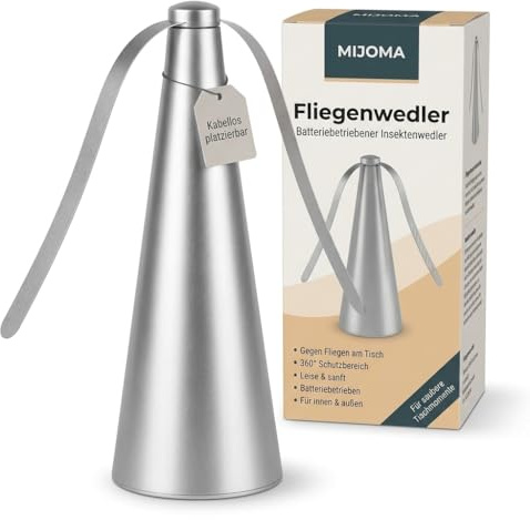 MIJOMA Fliegenwedler Insektenwedler: Fliegenabwehr für Gemütlichkeit Drinnen & Draußen, Insektenvertreiber mit 360 Grad Schutz, Batteriebetrieben, Sanft & Leise, 25cm (Silber)