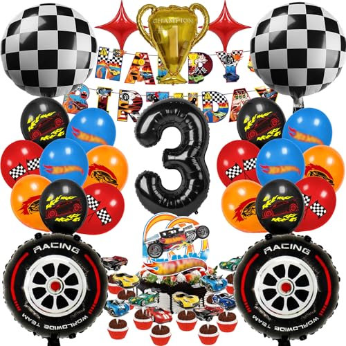 Ctxtqtdt 50 Stück Hot Whels Geburtstagsdeko für 3 Jahre Junge, Party Set mit Luftballons, Kindergeburtstag Ballons für Kinder (3)
