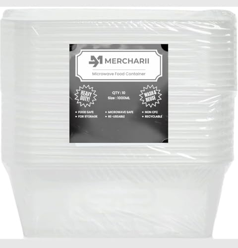 MERCHARII 10 × 1000ml Plastic food containers with lids, Microwave, and freezer-safe, Heavy-duty, Rectangular, BPA-free, Reusable and Recyclable (1000ml)