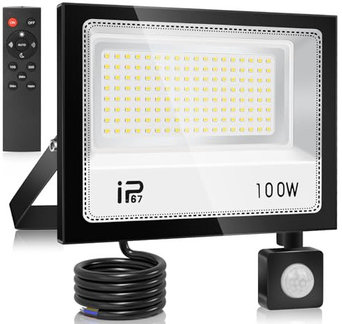 YZYFACAI 100W Télécommande Projecteur LED Detecteur de Mouvement,10000LM Spot LED Extérieur,7000K Blanc Froid,IP67 Etanche Super Lumineux Eclairage Exterieur pour Jardin, Patio, Garage