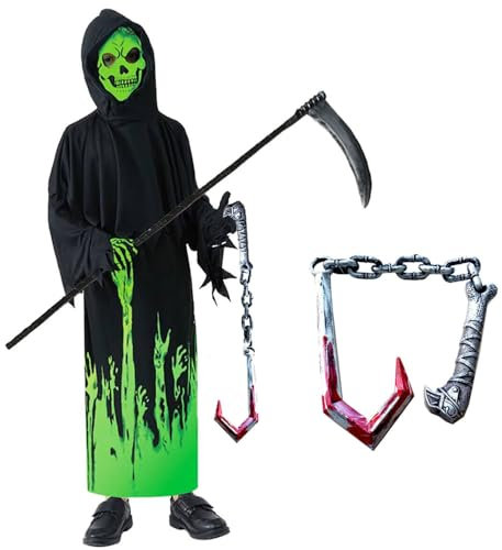 Anyingkai Costume Mietitore Bambino con Guanti, Falci,Costume da Morte Set,Vestito Fantasma Halloween Bambino,Costume Della Morte,Grim Reaper Costume per Halloween,Giochi di Ruolo,Carneval (M)