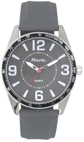 Ravel - Reloj de Hombre con Números Grandes en Tono Plateado y aro Superior Negro en Correa Deportiva de Silicona - Cuarzo Analógico - RS001.13 - Gris