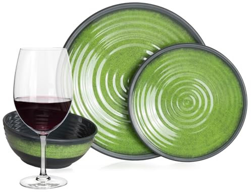 Vaisselle de camping en mélamine pour 4 personnes Vert pierre + 4 verres à vin rouge Timo Service de table pique-nique BBQ