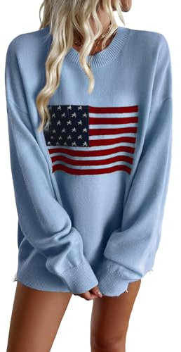 Canli4Y Damen Pullover USA Flagge Strickpullover Langarm Casual Loose Sweatshirt Elegant Jumpers Winter Pulli Warm Outwear Oberteile Blau L