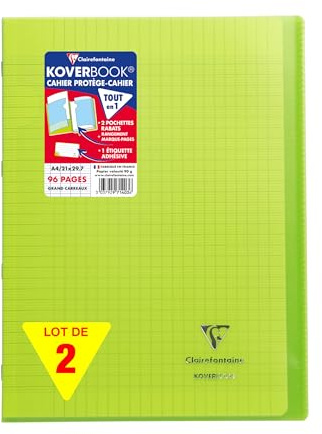Clairefontaine 971403AMZC Lot de 2 Cahiers Agrafés Koverbook Verts - A4 21x29,7 cm - 96 Pages Grands Carreaux - Papier Blanc 90 g - Couverture Polypro