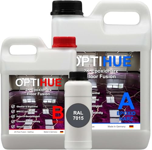 Optihue Epoxidharz Bodenbeschichtung Garagenboden Bodenfarbe 2K Harz&Härter Garagenbeschichtung,Profi Qualität, Epoxy Gießharz geruchsarm Boden Werkstattboden (RAL 7015 Schiefergrau)