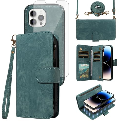 Phone Case for iPhone 14 Pro Max 6.7 inch Zipper Wallet Detachable Cell Cover with Screen Protector Crossbody Lanyard Strap Card Holder iPhone14promax 5G i Phone14Max Plus iPhone14 ProMax Women Blue
