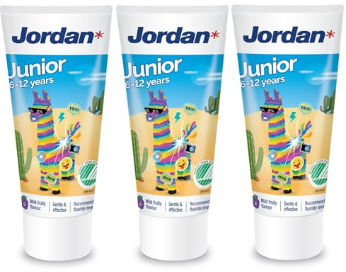 Jordan ® | Junior Zahnpasta | 6-12 Jahre | Mit Fluorid | Junior Karies Schutz Mild Frucht Geschmack Zahnpflege für Milchzähne und bleibende Zähne Sanfte Formel ohne SLS Tägliche | 50ml x 3