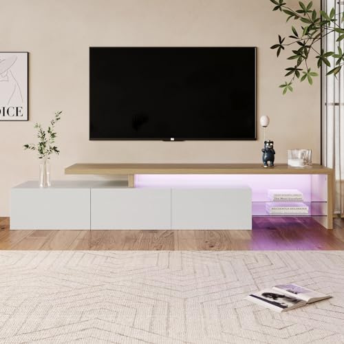 BestAlice Mueble de TV LED moderno de madera y blanco con luces LED variables, mueble TV de 200 cm con almacenamiento brillante, 3 puertas y estantes de cristal para sala de estar