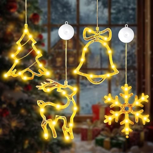 YKHSUAOU Weihnachtsdeko Fenster Beleuchtet, 10 LED Weihnachtsbeleuchtung Fenster, 4 PCS LED Saugnapf Weihnachten Lichter, Fenster Weihnachten mit Saugnäpfe für WeihnachtenDeko, Balkon, Party-Warmweiß